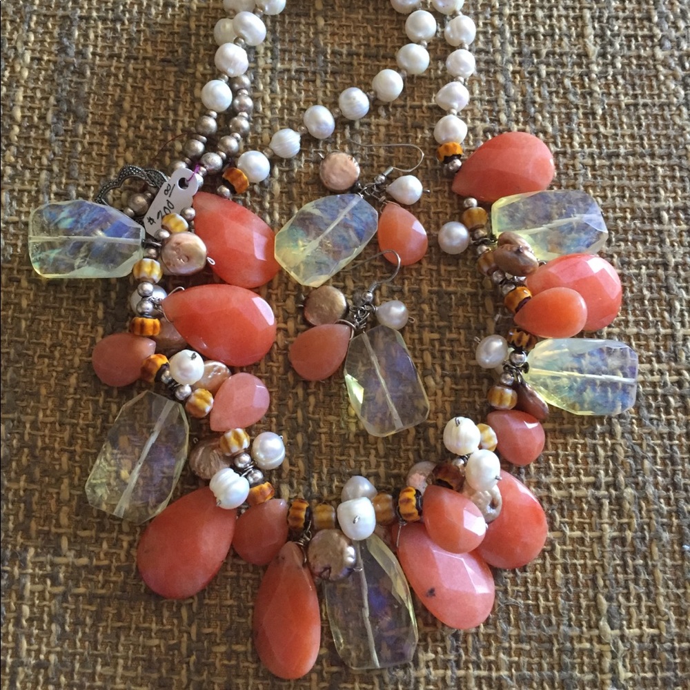 Quartz, Jade and Pearl Necklace and Earrings